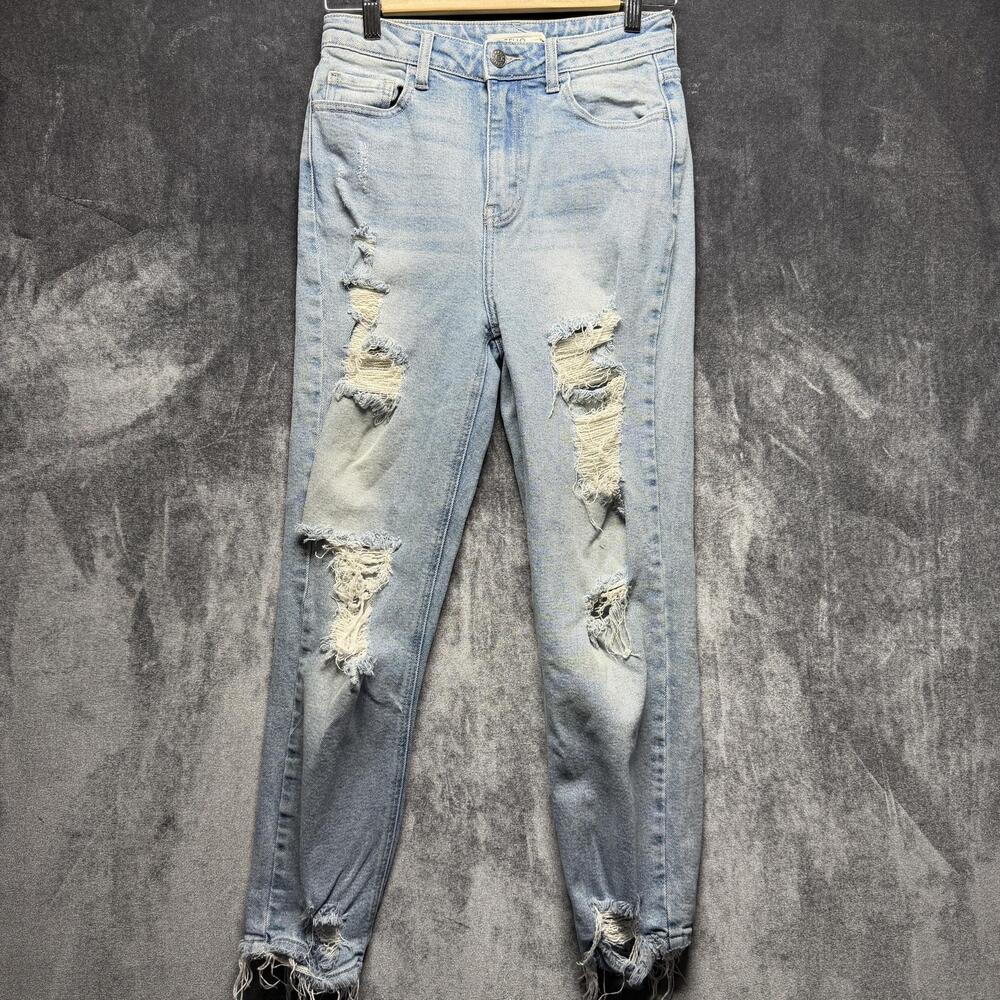 Cello Jeans Juniors 3 Blue High Rise Mom Relaxed Distressed Fringe Stretch Denim